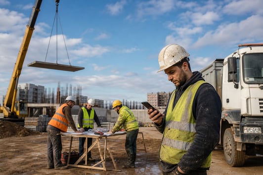Travailleur sur le terrain utilisant l’application BRIX sur son téléphone pour suivre une formation et développer ses compétences professionnelles.