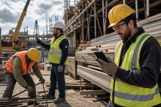 Travailleur de la construction consultant une formation de BRIX sur son téléphone mobile sur un chantier.