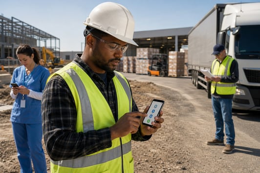 Travailleur de terrain suivant une formation professionnelle directement sur son téléphone grâce à l’application BRIX.