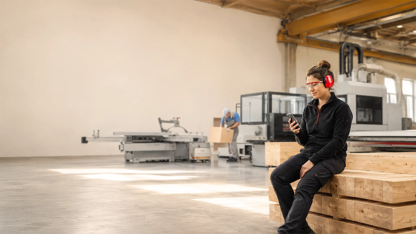 A female construction worker, sitting on a bench, looking at her phone