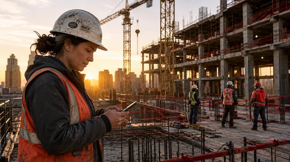Travailleuse de la construction utilisant une application mobile BRIX sur un chantier au lever du jour.