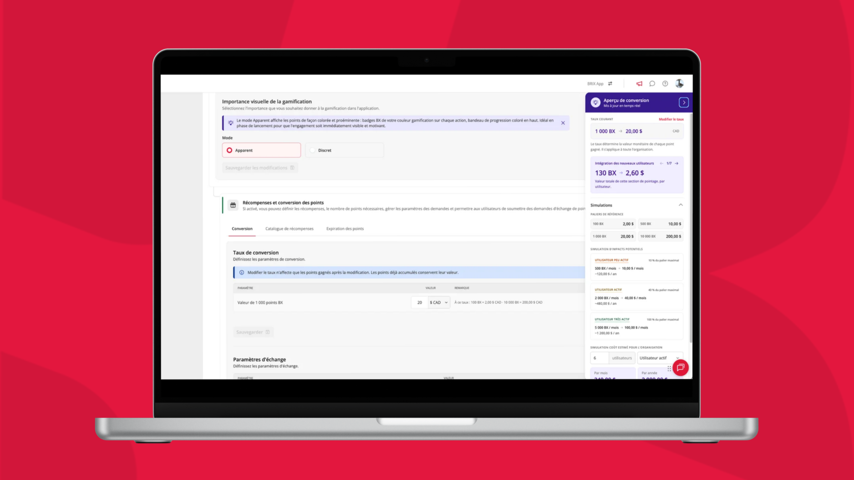 Module Récompenses et conversion des points dans les paramètres de gamification BRIX