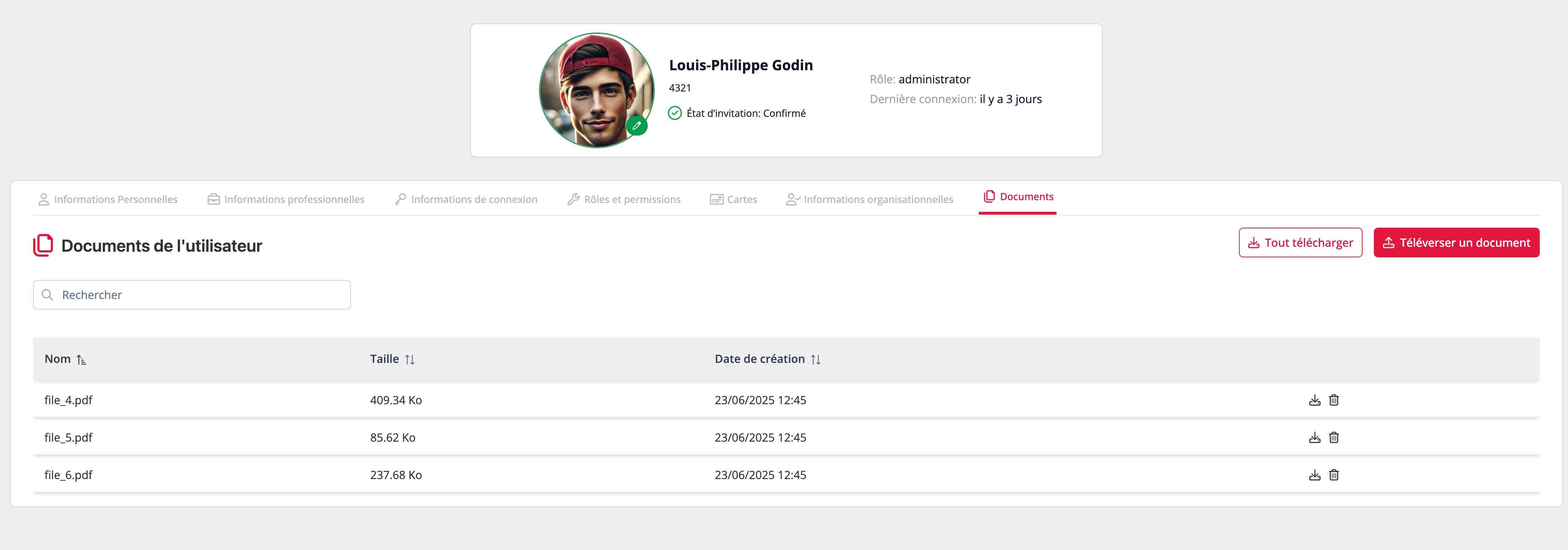 Documents section in a user's profile