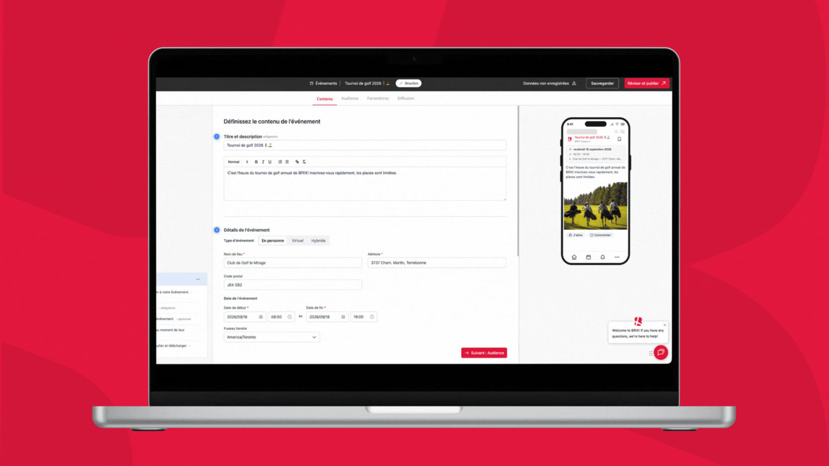 Création d'un événement dans BRIX-Admin avec aperçu mobile