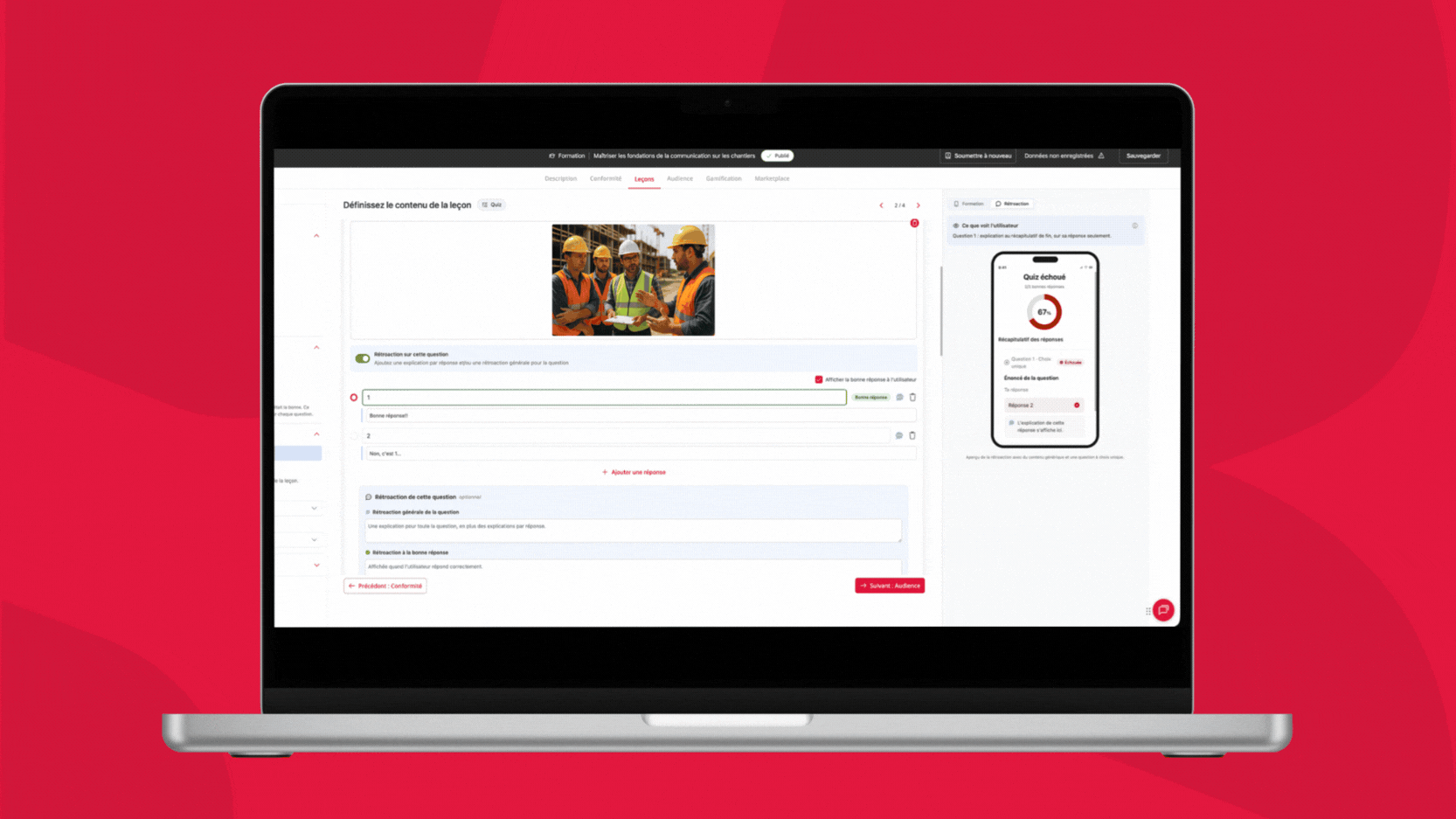 Rétroaction personnalisée sur une question de quiz, avec aperçu mobile