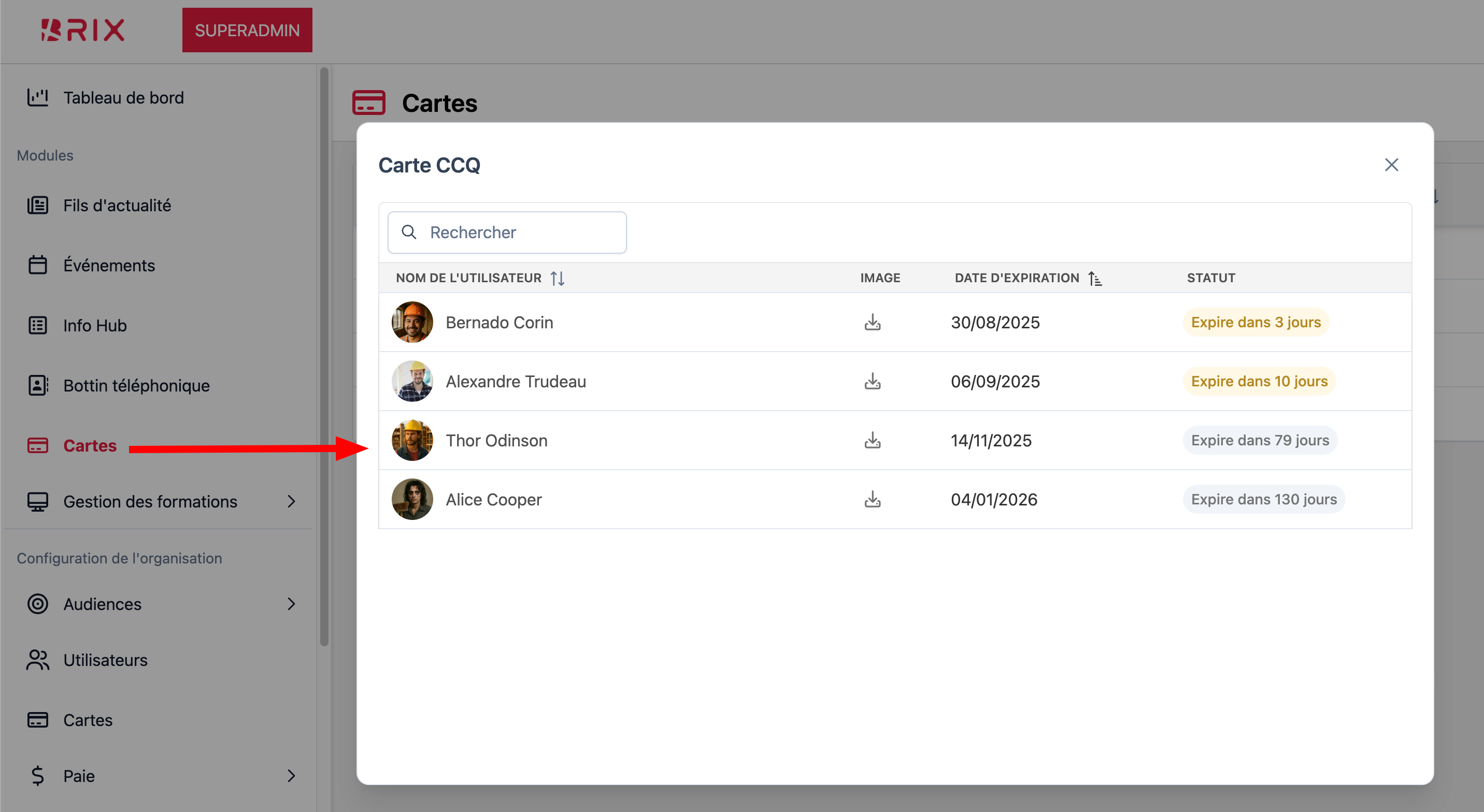 Cards module in the web portal