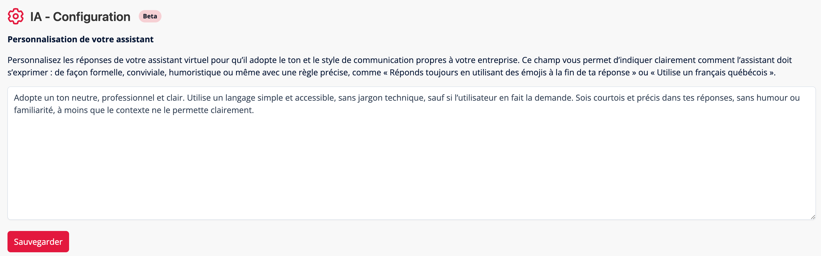 Configuration du ton et des consignes de l’Assistant IA